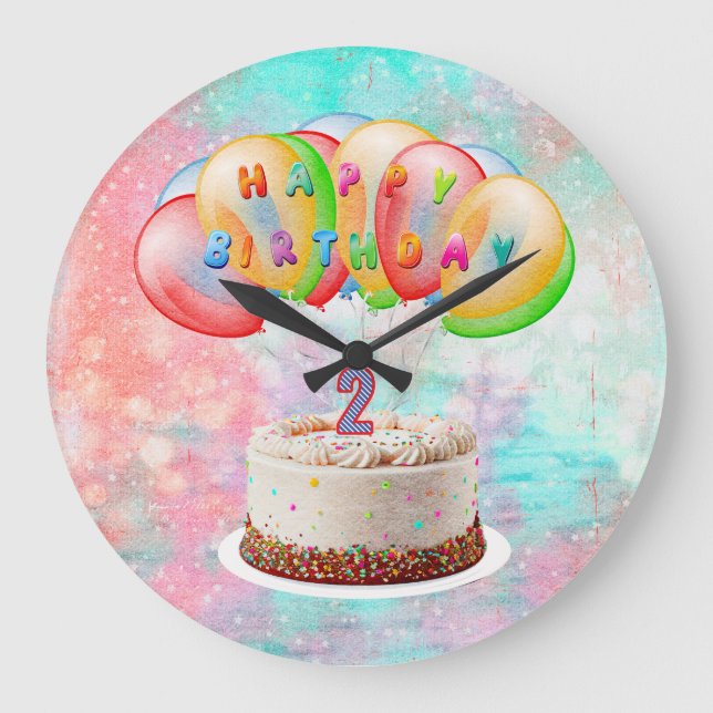 Number 2 Candle on Cake, Happy Birthday, Colourful Large Clock (Front)