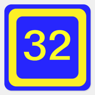 number 32, blue background, yellow frame square sticker