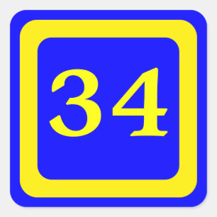 number 34, blue background, yellow frame square sticker