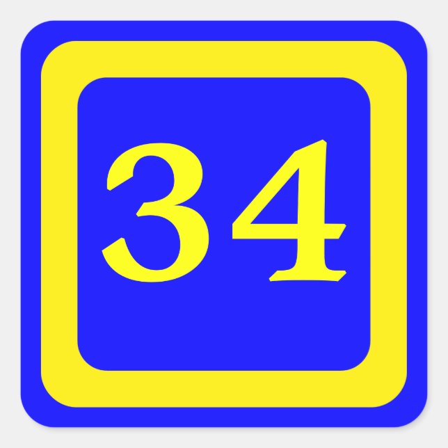 number 34, blue background, yellow frame square sticker (Front)