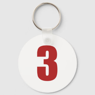 Number 3 in red on white button keychain