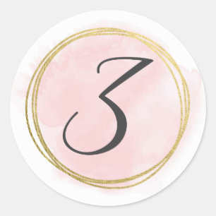 Number 3 Three Monogram Blush Pink Watercolor Gold Classic Round Sticker