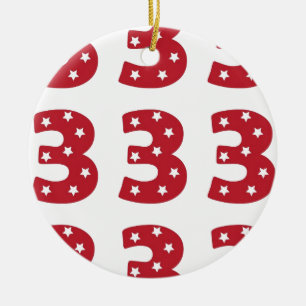 Number 3 - White Stars on Dark Red Ceramic Tree Decoration