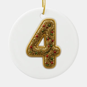 Number 4 Gold Glitter Christmas Ceramic Ornament