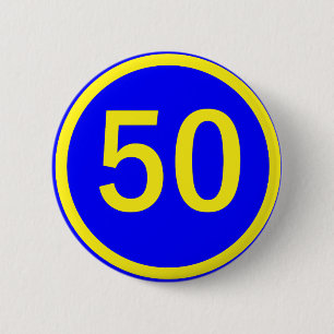 number, 50, in a circle 6 cm round badge