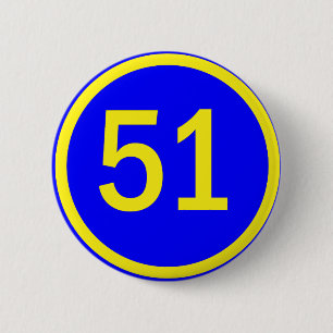 number, 51, in a circle 6 cm round badge
