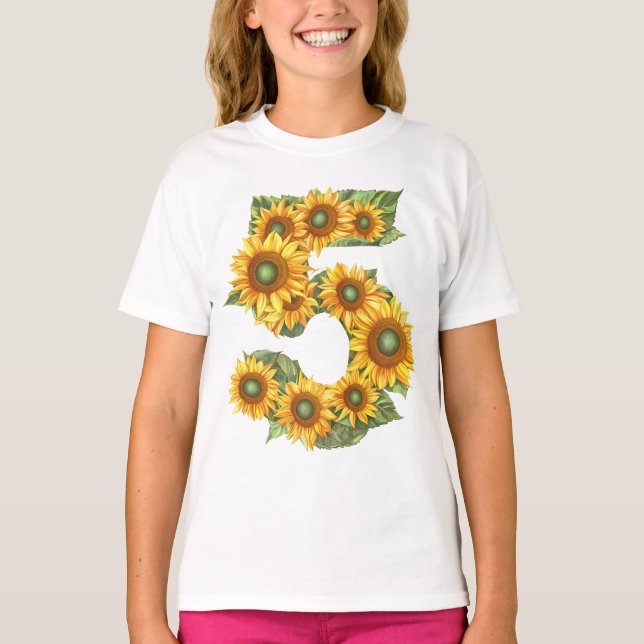 Number 5 Sunflowers Theme 5 Year Old Kids Girls T-Shirt (Front)