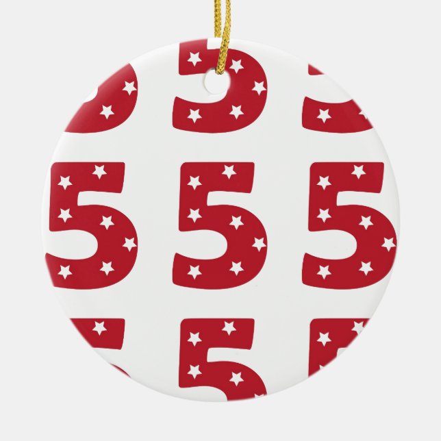 Number 5 - White Stars on Dark Red Ceramic Tree Decoration (Front)