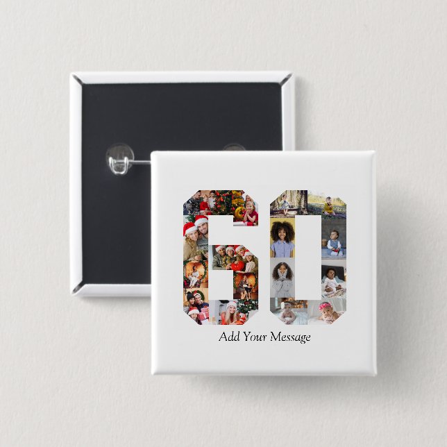 Number 60 Photo Collage 15 Cm Square Badge (Front & Back)