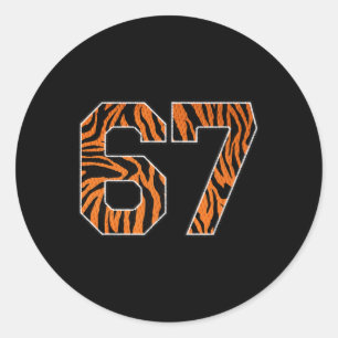 Number 67 In Orange Tiger Print Fanwear Sports Jer Classic Round Sticker
