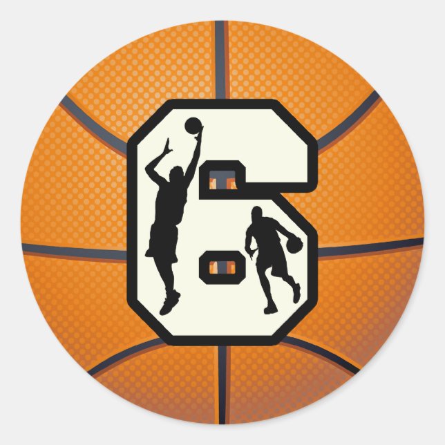 Number 6 Basketball and Players Classic Round Sticker (Front)