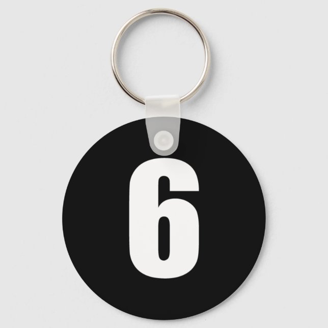 number 6 in white on black button keychain (Front)