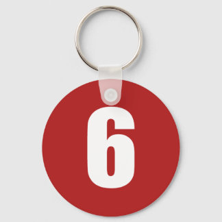 Number 6  in white on red button keychain