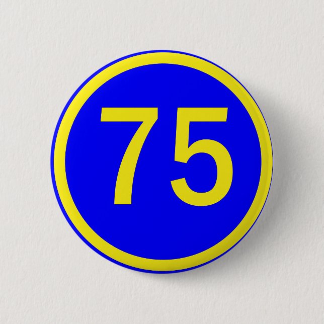 number, 75,  in a circle 6 cm round badge (Front)