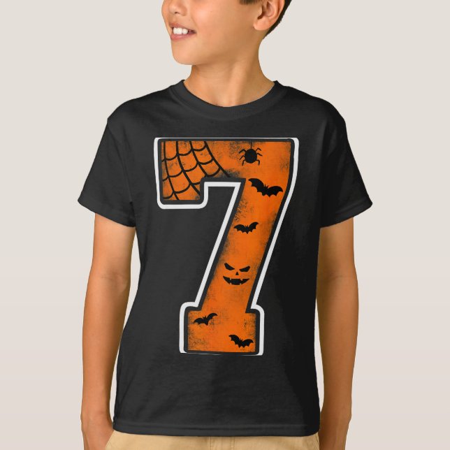 Number 7 7th Birthday Boy Seven Halloween Happy Bi T-Shirt (Front)