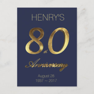 Number 80 80th Birthday Anniversary Blue Gold Postcard