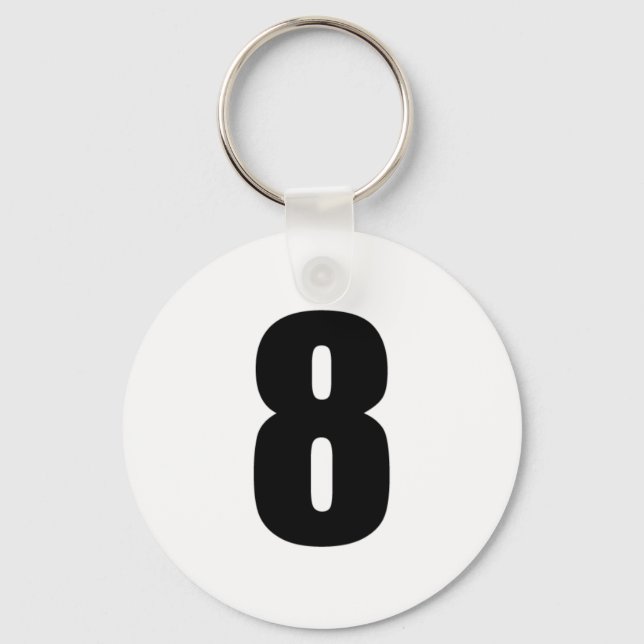 number 8 in black on white button keychain (Front)