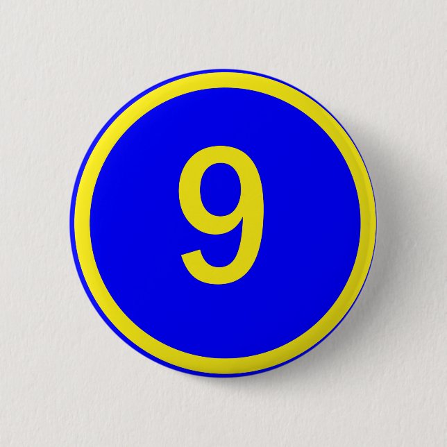 number 9 in a circle 6 cm round badge (Front)