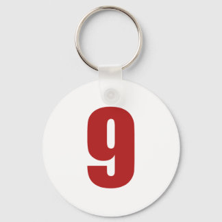 Number 9 in red on white button keychain