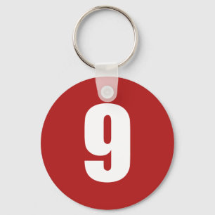 Number 9 in white on red button keychain
