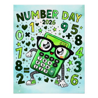 Number Day 2026 Green Calculator Math Design Poster
