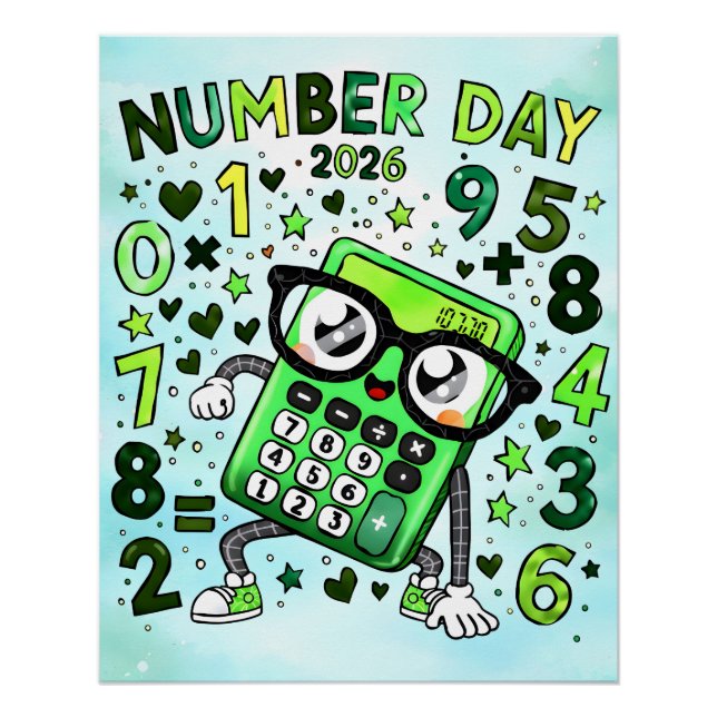 Number Day 2026 Green Calculator Math Design Poster (Front)