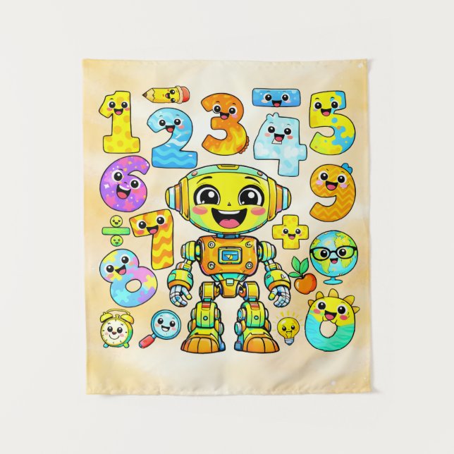 Number Day Cute Robot Numbers Design Tapestry (Front)