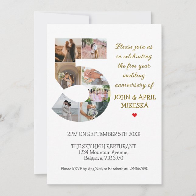 Number Five Custom Photo Wedding Anniversary  Invitation (Front)