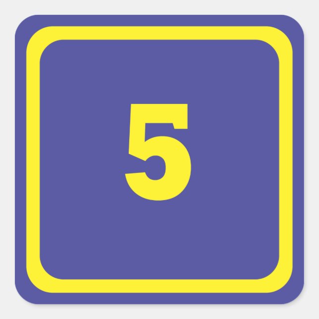 Number five on blue background with yellow frame square sticker (Front)