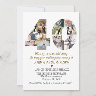 Number Forty Custom Photo Wedding Anniversary  Invitation