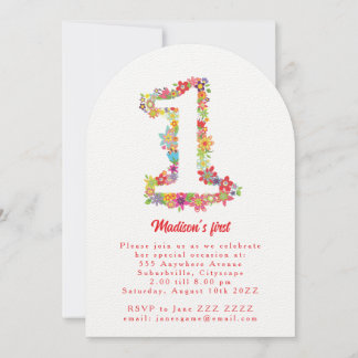 Number One Spring Floral 1st Birthday Party Invite