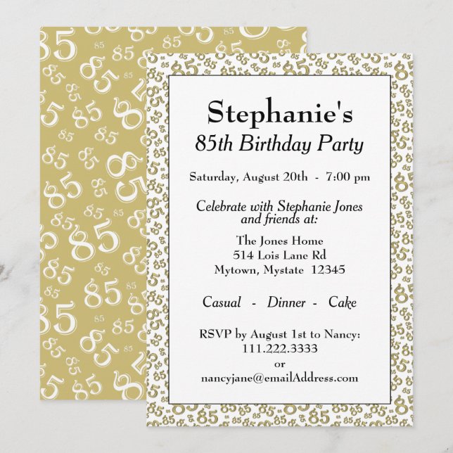 Number Pattern 85 Cool Birthday Party Gold/White Invitation (Front/Back)