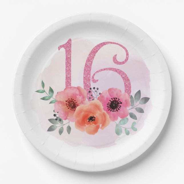 Number Sixteen with Flowers Paper Plate (Front)