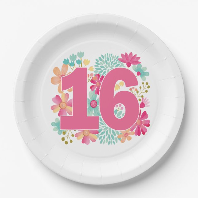 Number Sweet 16 16th Girls Birthday Party Paper Plate (Front)