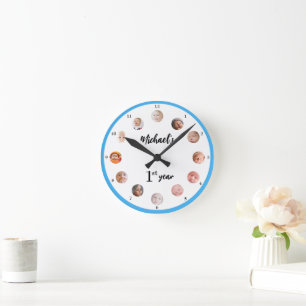 Numbered Baby Boy's 1st year 12 month photos Blue Round Clock