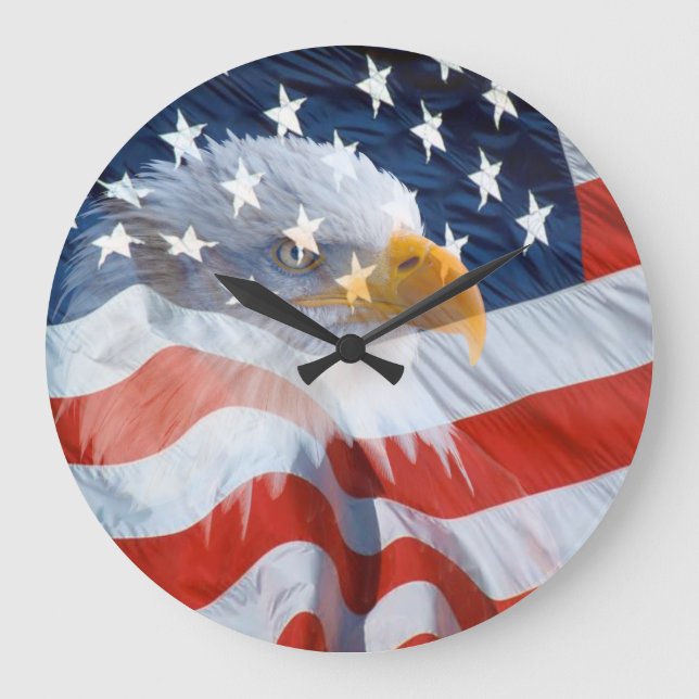 Numberless Patriotic Bald Eagle and American Flag Large Clock (Front)