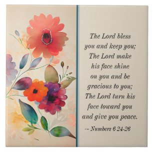 Numbers 6 24-26 Lord Bless You Floral Watercolor Ceramic Tile