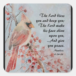 Numbers 6 24-26 Lord Bless You Red Bird & Berries Square Sticker