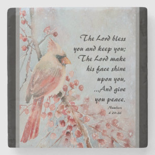 Numbers 6 24-26 Lord Bless You Red Bird Berries Stone Coaster