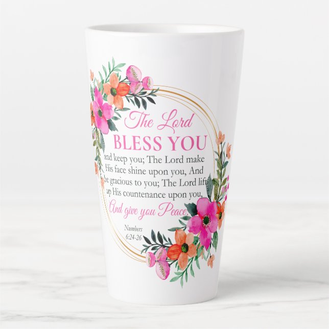Numbers 6:24-26 Pink Floral Wreath Christian Latte Mug (Front)