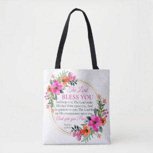 Numbers 6:24-26 Pink Floral Wreath Christian Tote Bag
