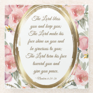Numbers 6:24-26 The Lord Bless You Pink Floral Glass Coaster