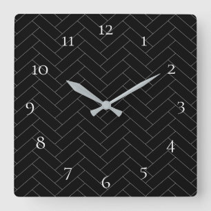 Numbers Black Gray Herringbone Pattern Square Wall Clock
