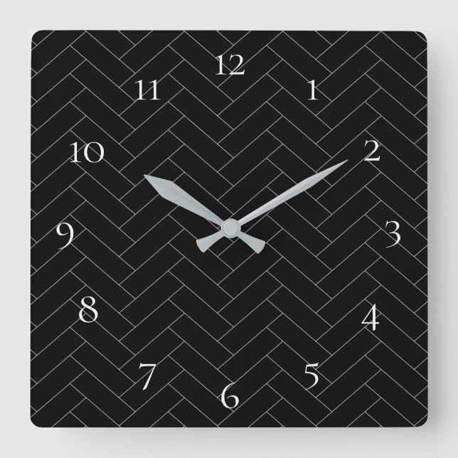 Numbers Black Gray Herringbone Pattern Square Wall Clock (Front)