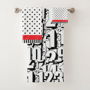 Numbers Kids Black White Dots Red    Bath Towel Set