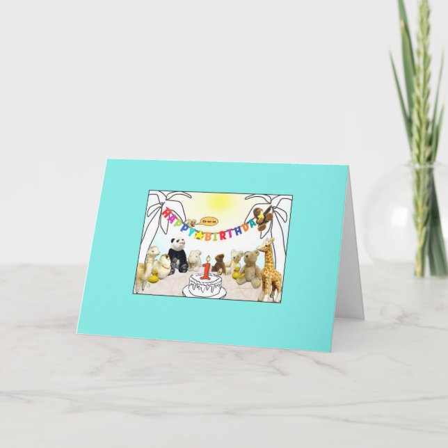 Numeral 1 Candle Animals Birthday Card (Front)