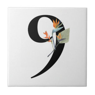 Numeral 9 Tropical Flowers Ceramic Tile