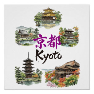 Numerous tourist attractions in Kyoto, Japan Poster