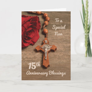Nun 15th Anniversary Red Rose and Rosary Card