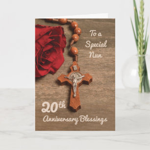 Nun 20th Anniversary Red Rose and Rosary Card